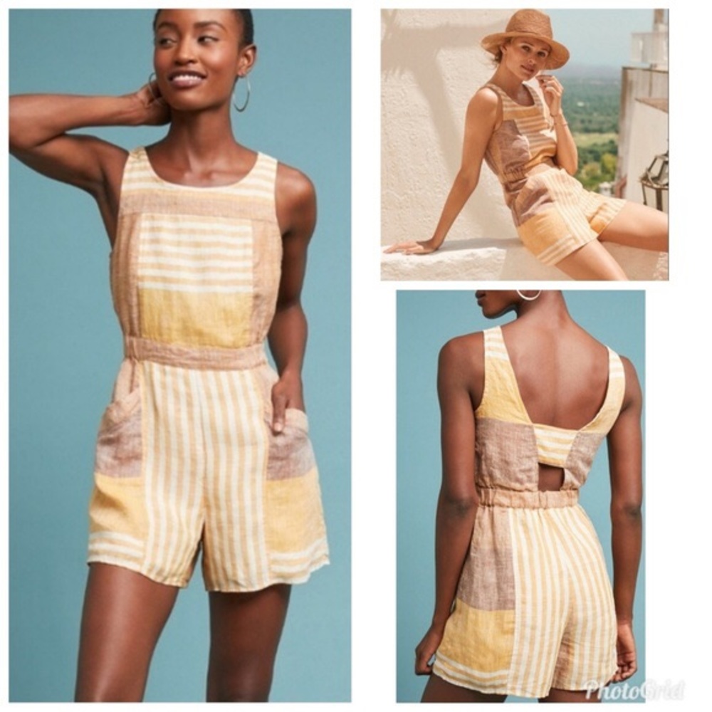 Golden Linen Striped Romper w/ Pockets